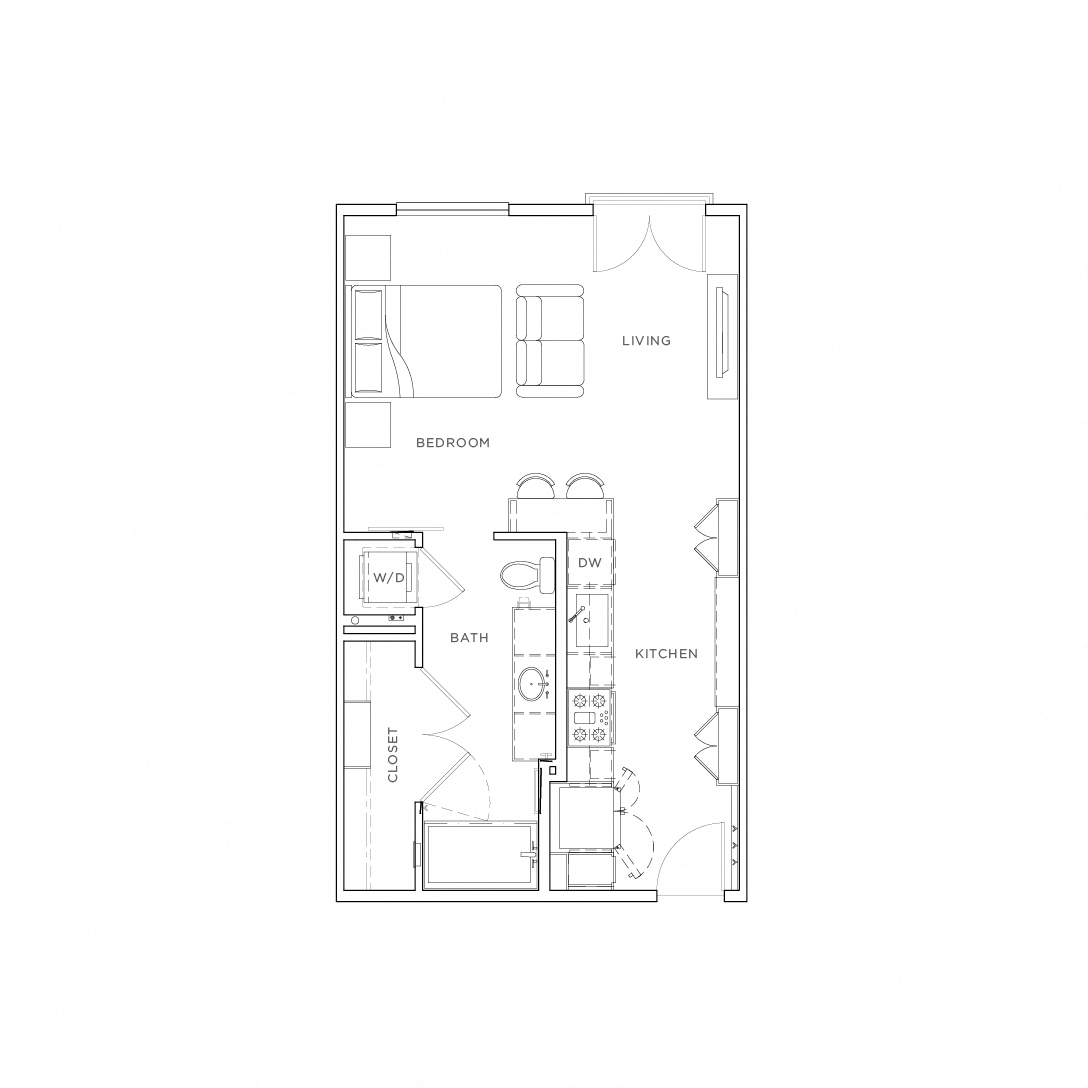 Floor plan for studio, 1 bath, 571 sqft
